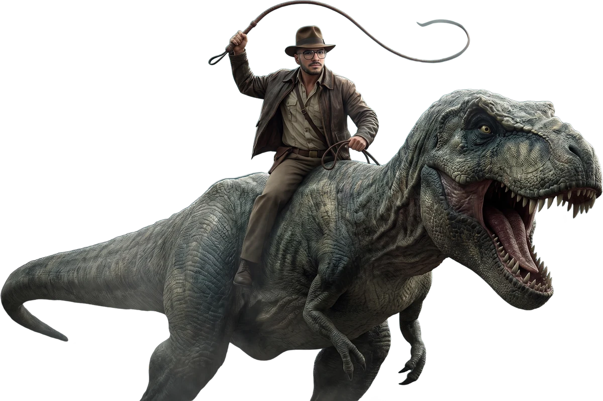 Valentin Fischer, augenzwinkernd als Abenteurer auf einem T-Rex
